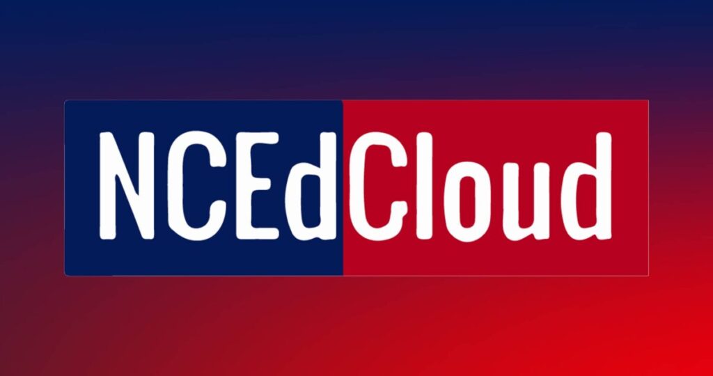 NCEDCloud logo displayed prominently on a vibrant red and blue background, symbolizing innovation and technology.