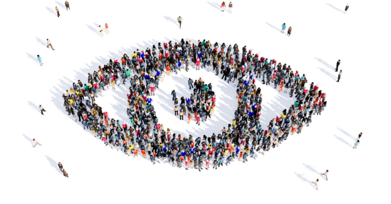 A diverse crowd of individuals arranged to create an eye shape, representing focus and shared perspective.